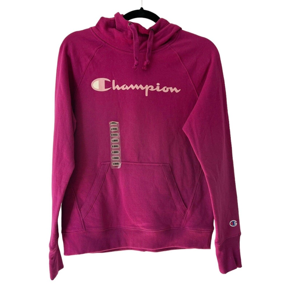 NWT Champion Powerblend Purple Pull Over Spell Out Logo Fleece Lined Hoodie XS